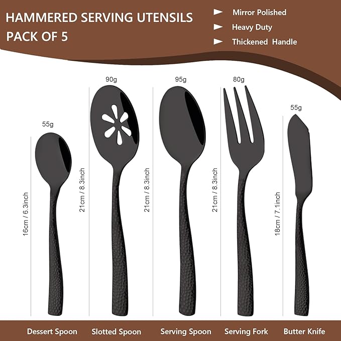 Serving Utensils Set, 5-Piece 18/8 Stainless Steel Hostess Serving Set, Elegant Hammered Serving Utensils for Home Restaurant and Buffet Catering, Heavy and Mirror Polished, Black