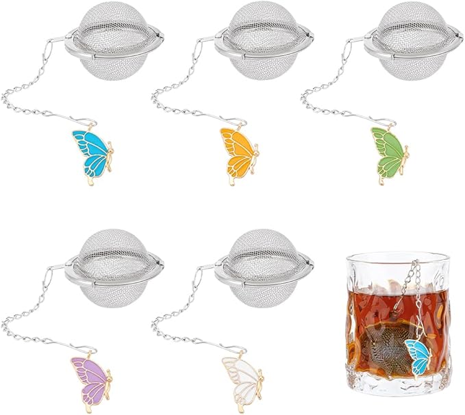 UNICRAFTALE 5pcs Round Stainless Steel Mesh Tea Infusers Round Tea Strainer with Butterfly Pendant Loose Tea Holder Tea Mesh Strainer Tea Filters for Brew Tea Spices Seasonin