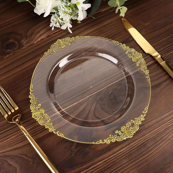 10" Dinner Plates -Set of 20 - Plastic Clear Gold Round Baroque Disposable Plate Leaf Embossed Rim, Ideal for Decoration Party Wedding Bulk Events