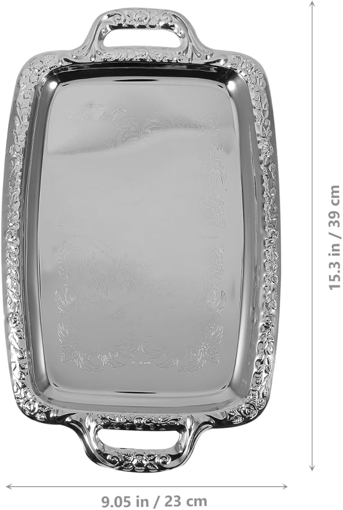 Zerodeko Silver Serving Tray: Rectangular Vintage Metal Platter - Stainless Steel Decorative Tray & Antique Whiskey Plate for Kitchen, Coffee Table & Home Decor
