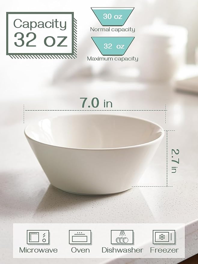 DOWAN 32 OZ Large Soup Bowls Set of 4 - White Ceramic Bowls for Ramen, Cereal, Pasta, Salad, Fruit - Dishwasher & Microwave Safe