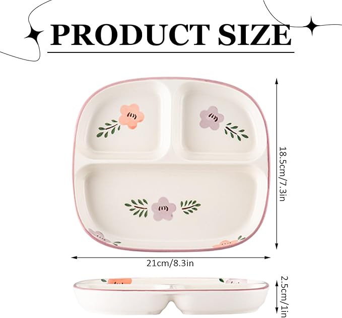 Divided Plates with 3 Compartment 8.3x7.3x1 Square Floral Pattern Ceramic Portion Control Plates for Adults & Kids, Home, School, Kindergarten Christma