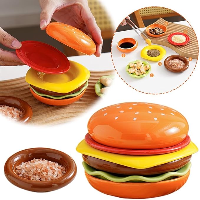 Stackable Hamburger Plate Set, Burger 6-Layer Mini Dinner Plate, Funny Ceramic Sauce Containers, Ceramic Hamburger Shaped Bowls and Plates Tableware for Burger Sauce, Sushi Dip, Appetizer, Snack