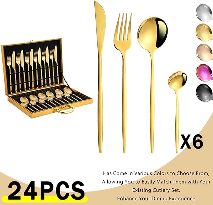 24 PCS Stainless Steel Cutlery Serving Set for 6 with Spoon Knife and Fork, Easy to Clean, Matte Mirror Polished for Home, Restaurant, Parties, Dishwasher Safe(Silver,D)