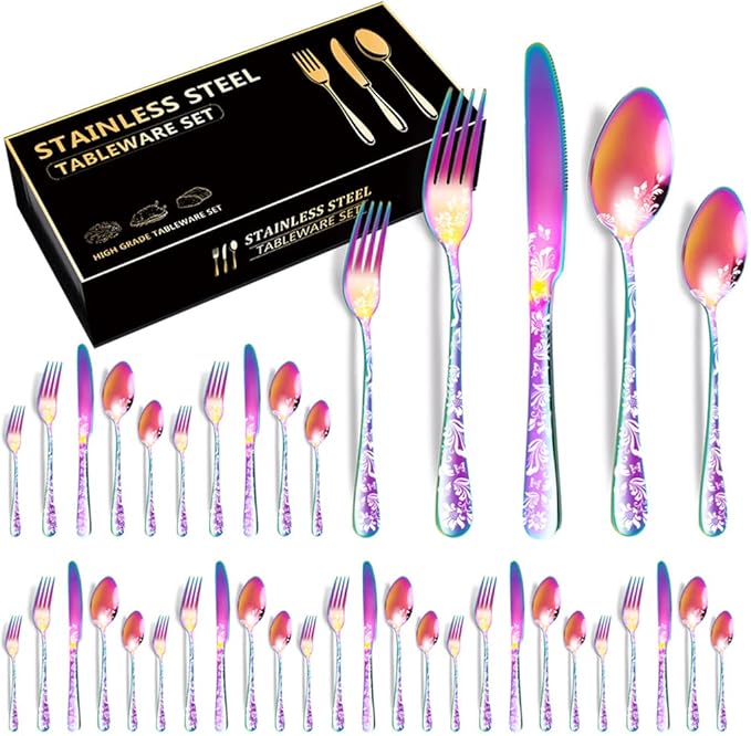 XIAOYU 40 Piece Silverware Set, Stainless Steel Flatware Set, Service for 8, Unique Pattern Design, Includes Dinner Knives/Forks/Spoons, Mirror Polished Cutlery Set, Rainbow