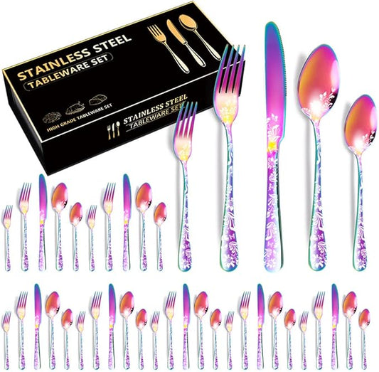 XIAOYU 40 Piece Silverware Set, Stainless Steel Flatware Set, Service for 8, Unique Pattern Design, Includes Dinner Knives/Forks/Spoons, Mirror Polished Cutlery Set, Rainbow