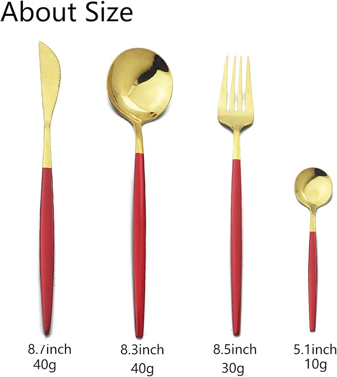 JASHII 24 Piece Titanium Stainless Steel Flatware Set, Red Handle Gold Mouth Utensils, Shiny Gold Cutlery Set for 6