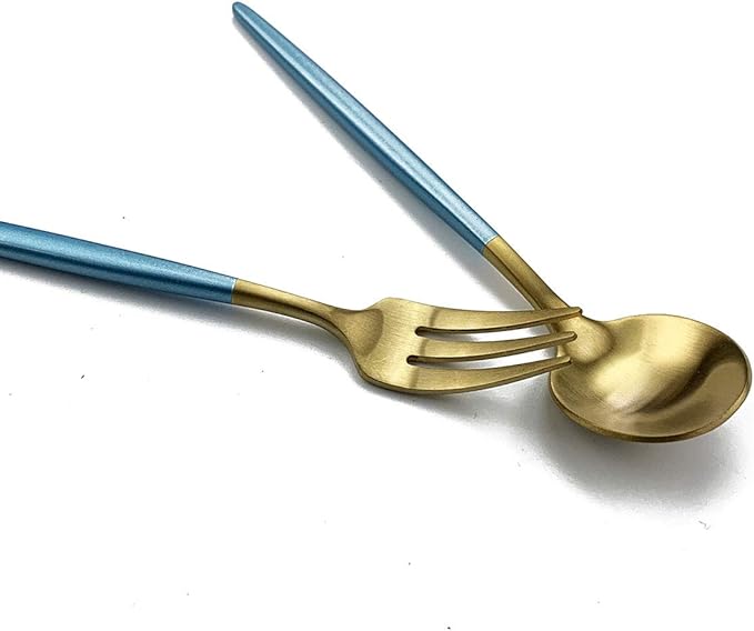 Gugrida Blue Gold Flatware Set, Royal 5 Pieces Matte Blue Handle 18/10 Stainless Steel Teaspoon Coffee Spoon 4.94", Camping Cutlery Silverware Travel Utensils Set Tableware