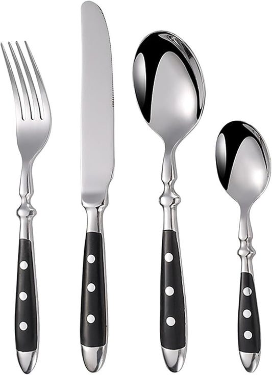 IKXO 16 Pieces Black Gum Wood Handle Silverware Set for 4, Exquisite Ergonomic Flatware Set Food-Grade Stainless Steel Cutlery Set, Tableware Eating Utensils, Mirror Finished, Dishwasher Safe…