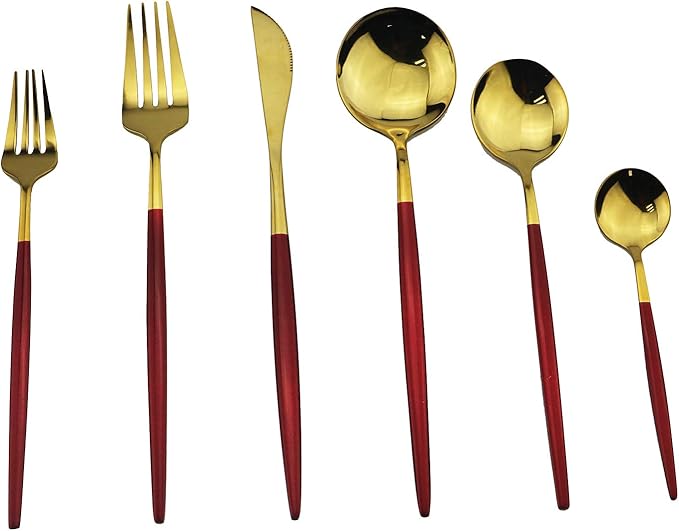 Gugrida Shiny Silverware Set, Elegant Life 5-Piece Stainless Steel Flatware Set Service for 1, Include Fork Spoon Knife, Tableware Cutlery Set for Home and Restaurant, Safe in Dishwasher（Red/Gold）