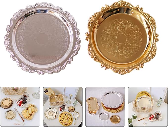 2 Pcs Stainless Steel Food Serving Trays Fruit Plates Dessert Platters Bread Trays Silver and Gold Metal Serving Dishes for Wedding Hotel Party