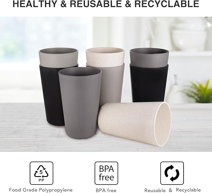 greenandlife Premium Wheat Straw Cups 20 oz Set of 8 Alternative to Plastic Cups Reusable Unbreakable Drinking Cup Dishwasher Safe Water Glasses Tumblers, Grey and Black