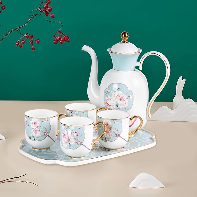KAMMAK Tea Pot and Cups Set for Adults, Bone China Tea Cup with Teapot, Porcelain Coffee Cups and Pot, Teapot with Tray and Gift Box for Latte, Afternoon Tea Party