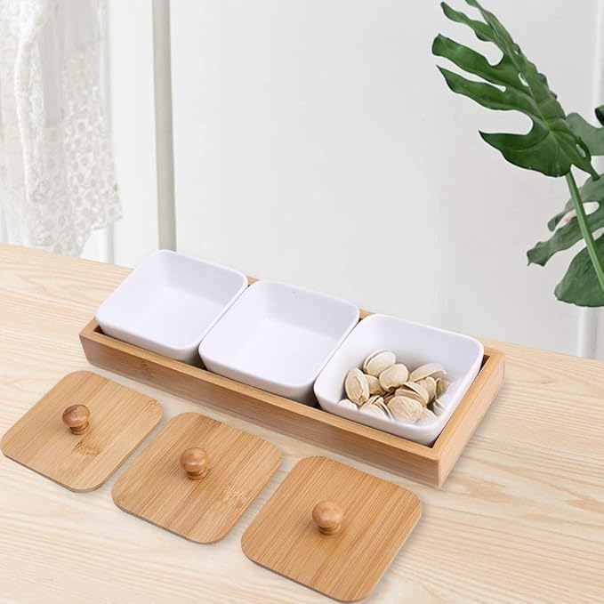 GLOGLOW Plate Dishware Ceramic Appetizer Serving Plate with Tray Cover, 3-Compartment Design, White, 11.02x4.02x1.61 Inches, for Snacks and Desserts Storage Supplies (Three compartments with lid)