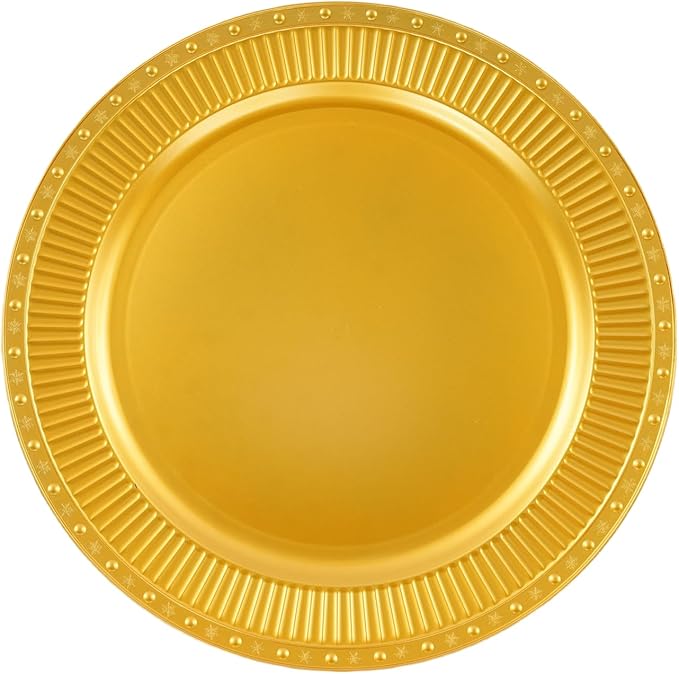 100 Pcs Antique Charger Plates Bulk 13 Inch Embossed Rim Plastic Party Dinner Plate Chargers Round Decorative Server Plate for Wedding Party Event Tableware (100pcs-gold11)