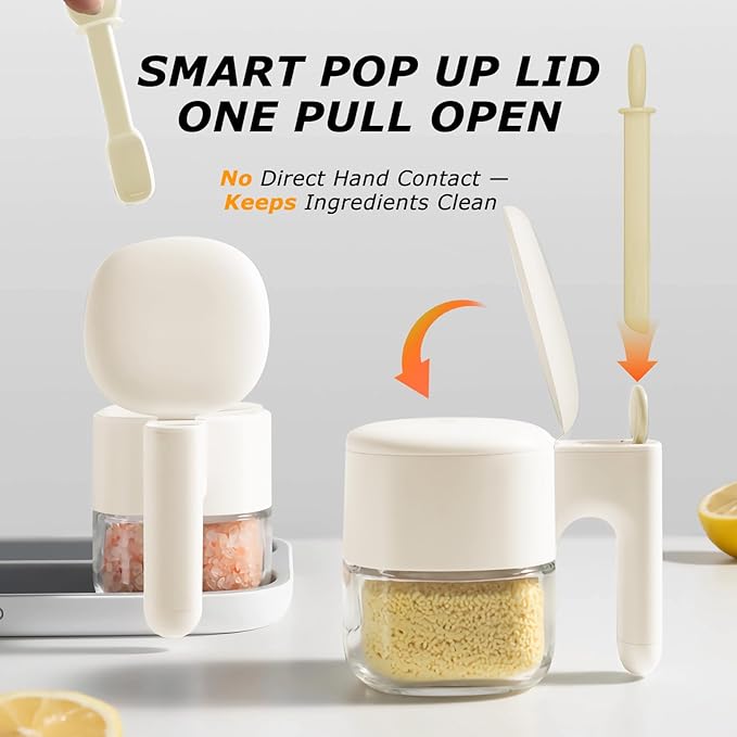 Seasoning Spice Containers with Lid and Spoon Set,6-Pack 11oz Auto-Open/Close Seasoning Box Wide Mouth Glass Salt and Sugar Container Sets for Countertop,Dishwasher Safe Spice Jars
