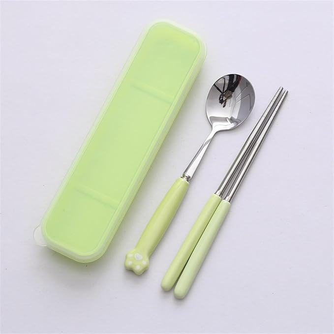 Cute Silverware Set, Cat Paw Ceramic Handle Dinnerware Set Flatware Kitchen Accessories Camping Travel Sets Fork Spoon Chopstick Portable Cutlery Sets with Case, Black Pink Blue Yellow Green