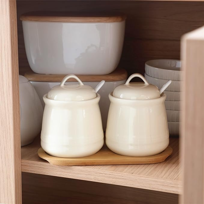 HAOTOP Ceramic Sugar Bowl 2 Pack, PorcelainJar with Tray, Spoon and Lid for Sugar, Pepper, Coffee, Spice, Salt, 12 Ounces (Beige)