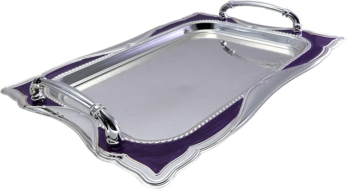 14.2 inch x 10.2 inch Rectangular Chrome Plated Silver Serving Tray with Handles Iron Purple Floral Engraved Decorative Wedding Dessert Buffet Wine Decor Platter Plate FST-034