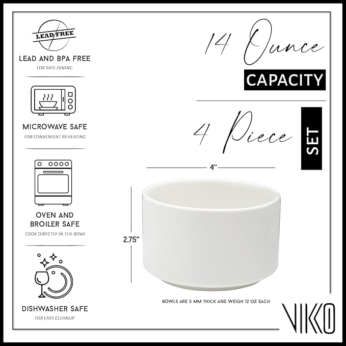 Vikko Modern Soup Bowls, Set of 4 Matte White Porcelain Bowls, Stackable 14 oz Elegant Restaurant Style Soup Bowl Set, Microwave and Dishwasher Safe