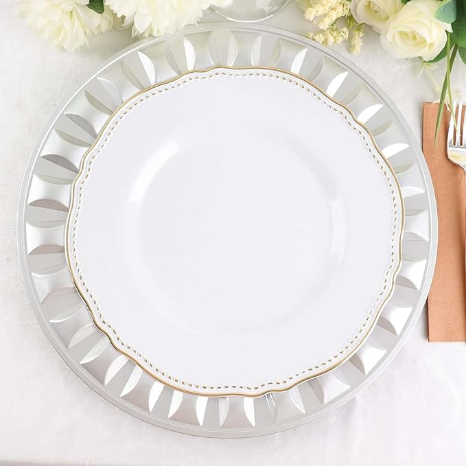 Efavormart 6 Pack | 13" Silver Round Bejeweled Rim Plastic Dinner Serving Trays, Disposable Charger Plates