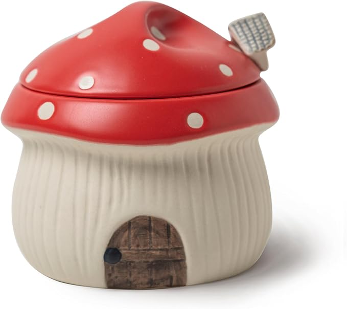 Ceramic Sugar Bowl with Lid & Spoon, Cute mushroom house design. Porcelain Seasoning Storage Jar, 14 Ounces. (Red)