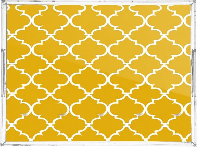 Serving Tray with Handles Clear Acrylic Tray 12x16 Inch Decorative Rectangular Tray Organizer for Ottoman Coffee Table Bathroom Yellow Quatrefoil