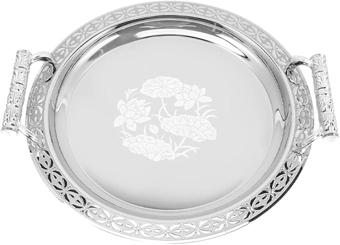 VOSAREA Antique Silver Serving Tray Round Fruit Plate Bread Plate Storage Dish for Home