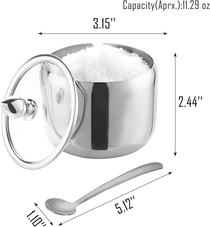 IBWell 10oz Sugar Bowl with Clear Lid and Spoon 2 Pack Silver Coffee Bar Containers for Kitchen Stainless Canister for Seasoning