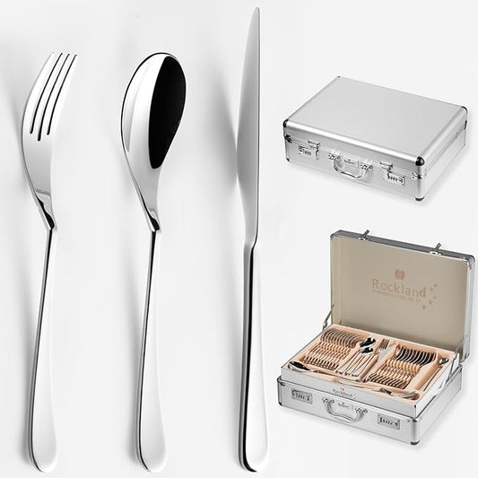 ROCKLAND 146-Piece Serving Utensils Set Flatware, 18/10 Stainless Steel Flatware Set - Mirror Polished Service for 12-24, Hostess Serving Set in Aluminum Case with Handle & Locks, Gift Box