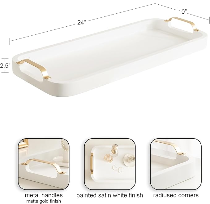 Kate and Laurel Farson Modern Decorative Wood Rectangle Tray with Handles, 10 x 24, White and Gold, Transitional Rectangular Tray for Use as Entryway Tray Decor or Ottoman Serving Tray