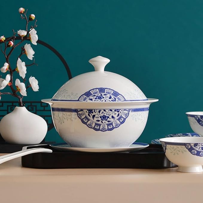 Creativity Ceramic Dinner Plate Sets, 58 Piece Dinnerware Set Service for 6-8, Blue and White Pattern Bone China Bowls and Dish Set