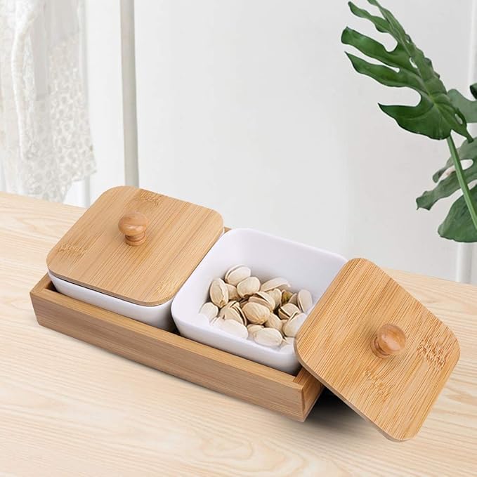 Ceramic Appetizer Serving Plate with Tray Cover, Snack Serving Plate for Fruits Nuts Desserts, BPA - Free White Ceramic Square Bowl with Separate Compartments, Modern Design (Two compartments with