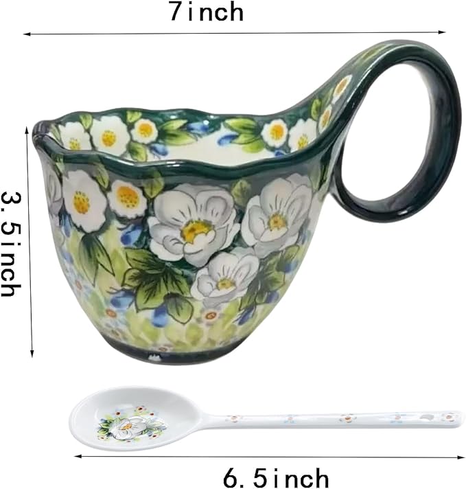 OZY Handpainted Soup Bowl with Handle,Ceramic Cereal Bowl Great for Soup, Ice cream, Fruits,Snack,Microwave &Dishwasher Safe (Green)