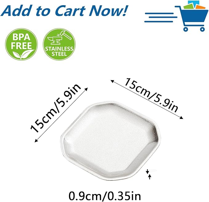 5.9x5.9 inch square Appetizer Plates,thick stainless steel Dinner Plates, Pasta Dessert Plates for Sushi, Fruit oven/Dishwasher Safe, Set of 4,silver
