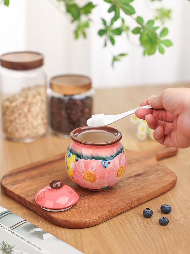 silesia Handmade Sugar Bowl with Lid and Spoon, 8 oz Hand-Painted Ceramic Sugar Jar, Floral Design Seasoning Container for sugar, honey, or spices, Dishwasher Safe (Glazed Pink)