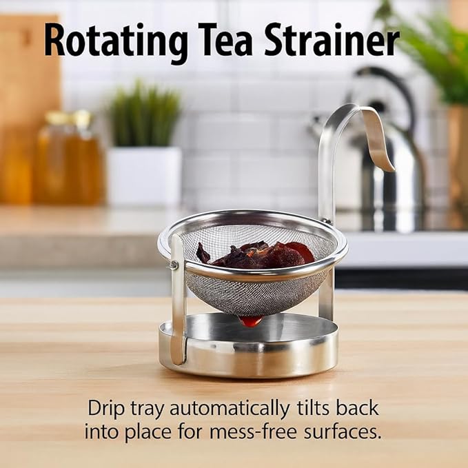 HIC Kitchen Tip Tea Strainer, 18/8 Stainless Steel, Loose Leaf Tea Filter With Drip Tray, Mess-Free Tea Serving, Set of 2