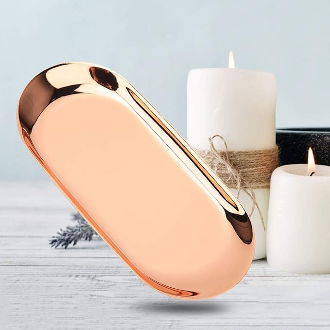Oval Metal Trays, Stainless Steel Decorative Tray Serving Plate Vanity Trays, Bathroom Candle Trays Fruit Snacks Tray, 23 x 9.5cm (Rose Gold)