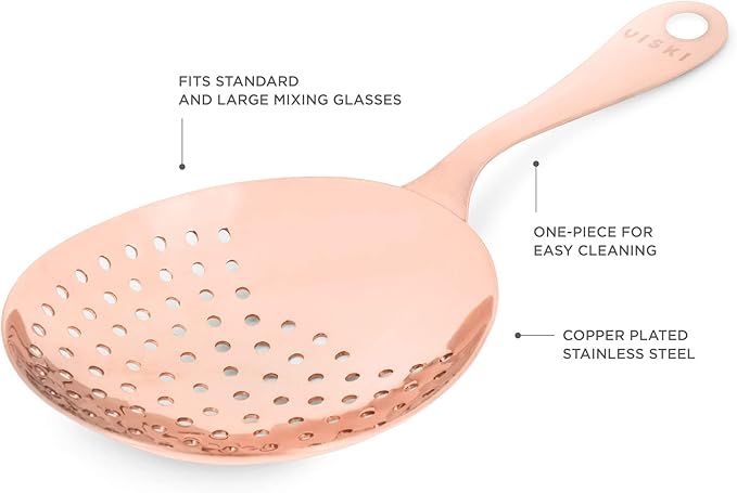 Viski Julep Stainless Steel Cocktail Strainer, Bar Tools, Drinks Spoon for Bartenders and Mixologists, Home or Commercial Use, Professional Metal Barware, Copper