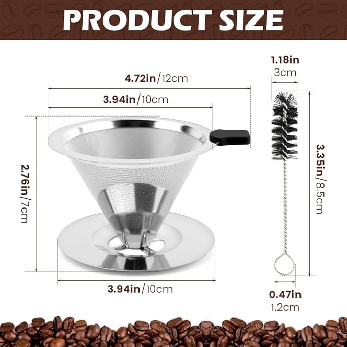 Pour Over Coffee Dripper with Cleaning Brush, Stainless Steel Cone Coffee Filter Fine Mesh Double Layer, Paperless Reusable Coffee Filter, Drip Cone Brew Coffee Strainer(SIZE:Small)