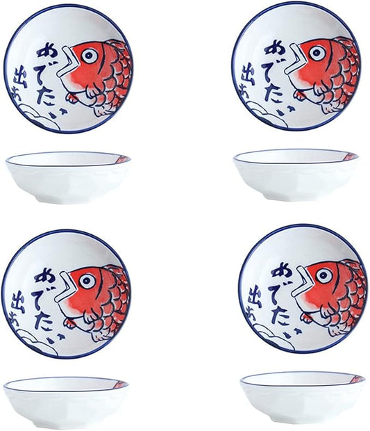Asian Ceramic Appetizer Plates, Japanese Style Underglaze Porcelain Sauce Dish Soy Sauce Dipping Bowls, Set of 4 Dinnerware Set