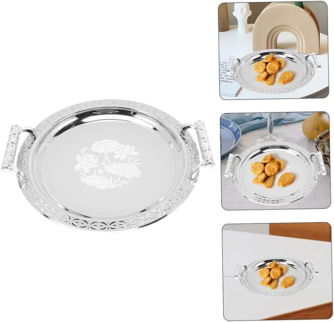 Stainless Steel Floral Pattern Serving Tray Fruit Platter and Candy Storage Plate for Home Portable Snack Holder for Picnic and Table Decor