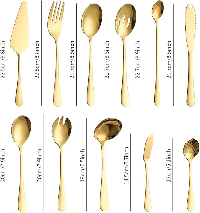 11-Piece Serving Utensil Set, Stainless Steel Modern Flatware Serving Set Serving Spoons Fork Knife Ladle, Tableware Cutlery for Home Restaurant Buffet Party (Gold)
