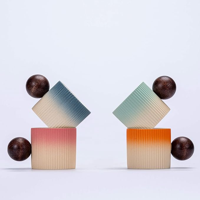 CLASGLAZ Ceramic Mini Espresso Cups Demitasse Cups with Round Wooden Handle Vertical Stripes Tea Cups (Beige&Blue, 2pcs)