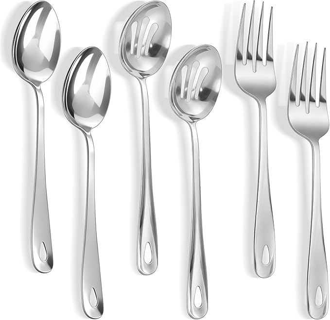 6 Pcs Serving Utensils Set, 11 Inch Silver Serving Utensil with 2xServing Spoons, 2xSlotted Spoons, 2xServing Forks, Stainless Steel Utensil Set for Party Banquet Catering Buffet