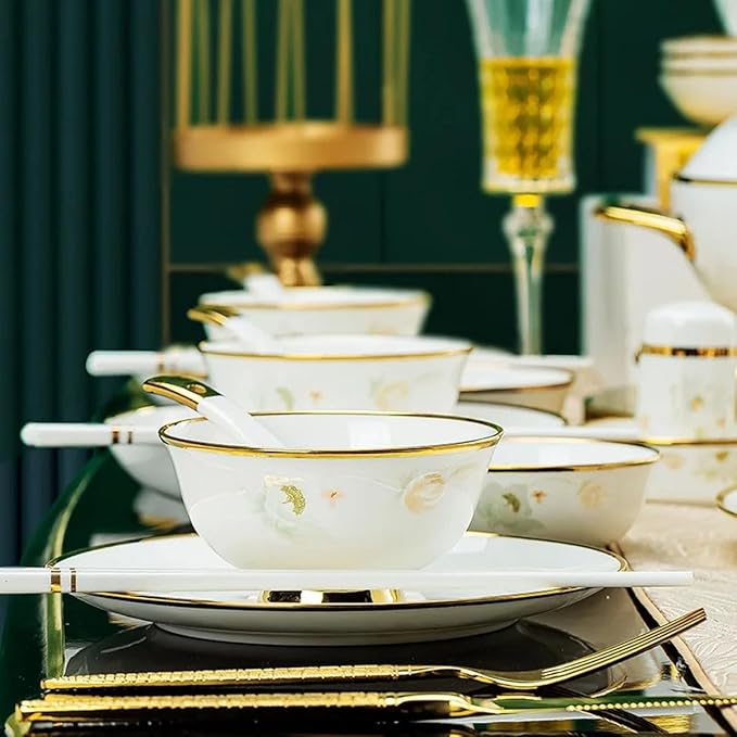 White Porcelain Tableware Set, 58 Pieces Of Bone China Bowls And Plates, High Temperature Fired Healthy Tableware, 24k Gold Decorative Tableware, Heat-resistant High-density Porcelain
