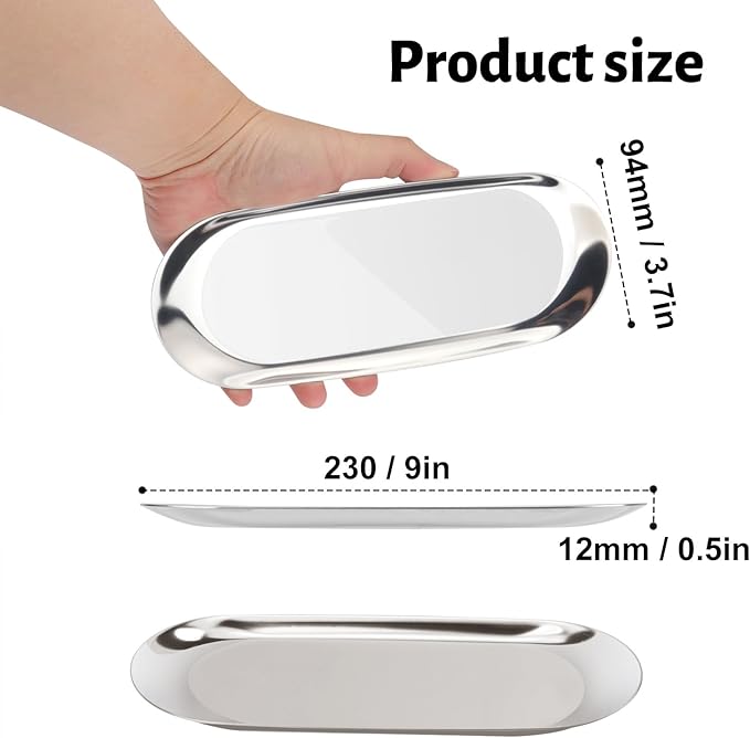 10 Pack 9 Inch Oval Stainless Steel Decorative Tray, Stainless Steel Tea Fruit Tray, 9 inch Silver Oval Trays for Bathroom Vanity, Jewelry, Perfume & Key Organizer (Silver)