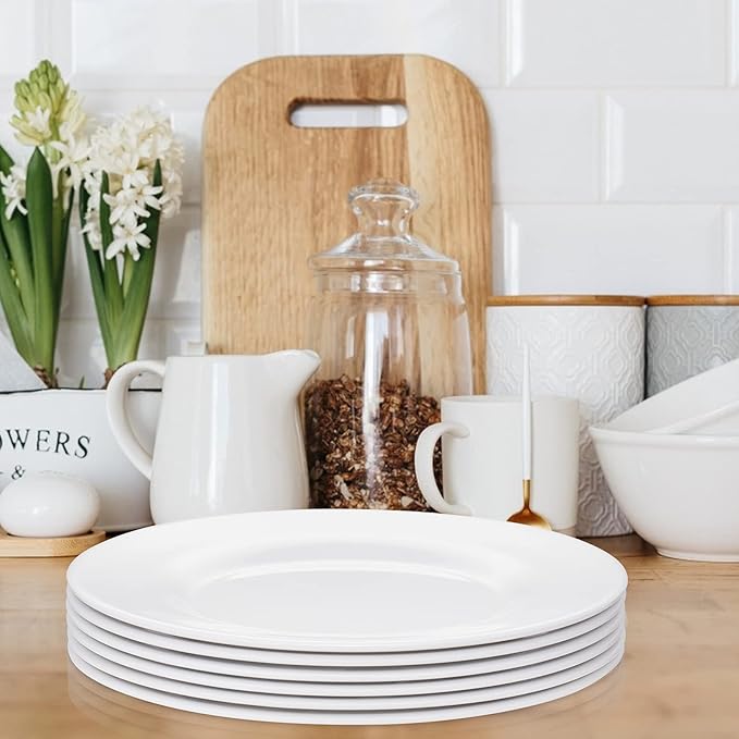 10 Inch White Melamine Plates Wide Side Flat Bottom Deep Round Dinner Plates Salad and Dessert Plates Lightweight Durable and Easy to Clean,Non Ceramic Disc Pad Set of 6,PYW-10-06