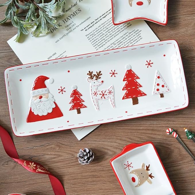Christmas Ceramic Appetizer Plates for Tapas, Salad, Appetizer, Dishwasher Safe, Microwave Safe, Freezer Safe (Large and long plate 41.3 * 16.1 * 3.2cm)