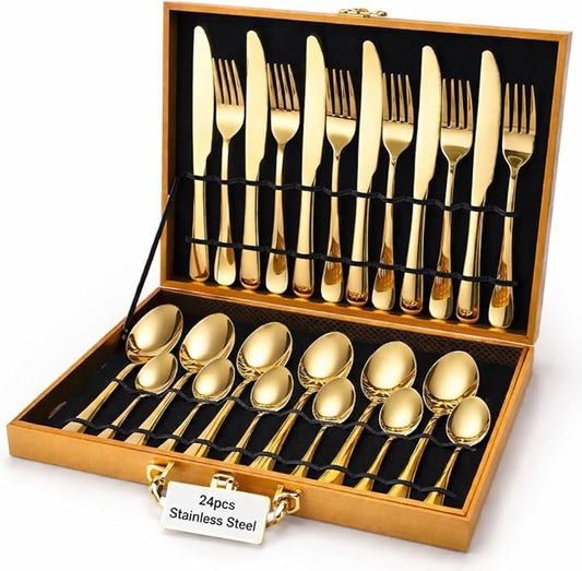 chandler 24 Pieces Cutlery Set Shiny Golden Stainless Steel 410 18/0 0% Nickel Golden Wood Bag Dinner Spoons Dinner Knives Dinner Forks Tea Spoons